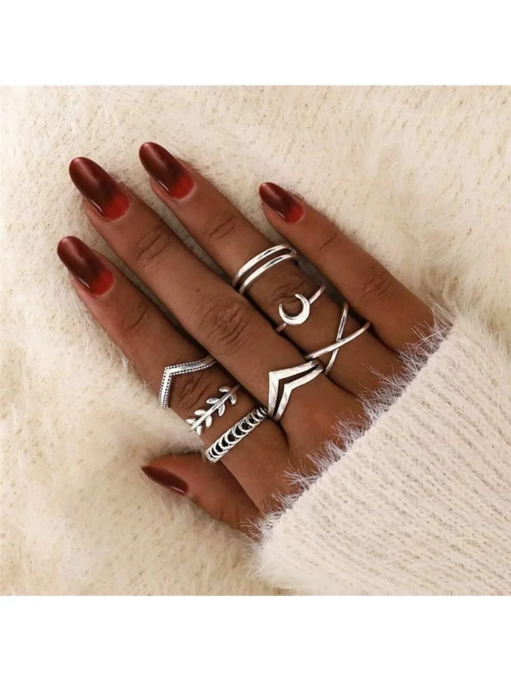 Women's Silver Plated Zinc Silver Star Moon Vintage Stack able Knuckle Ring Set